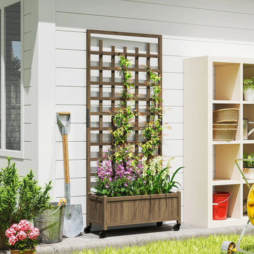 Wooden Planter With Trellis, Raised Garden Bed With Wheels, Brown