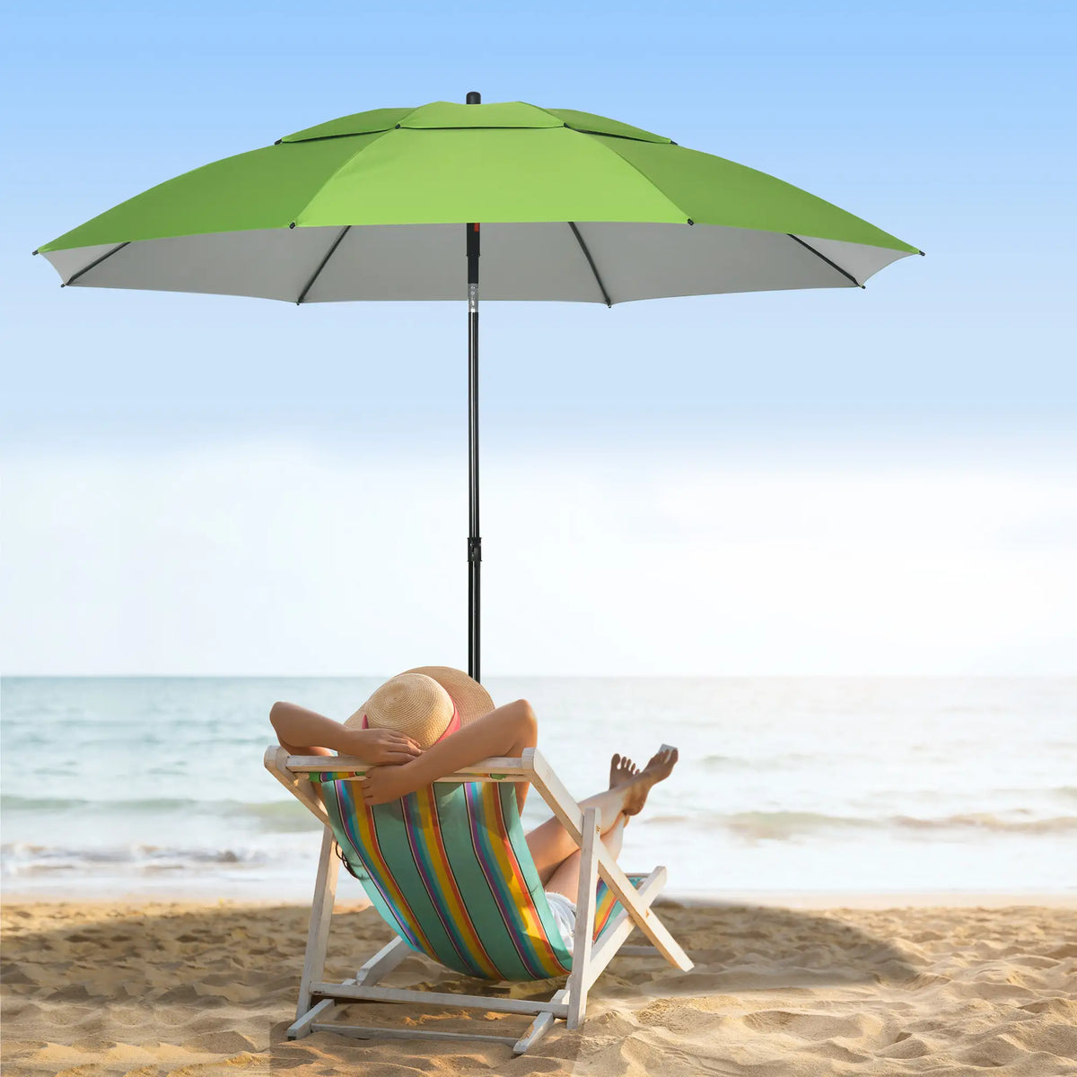 6.6ft Arched Beach Umbrella, Adjustable, Steel Frame, UV30+, Green Beach Umbrellas at Gallery Canada