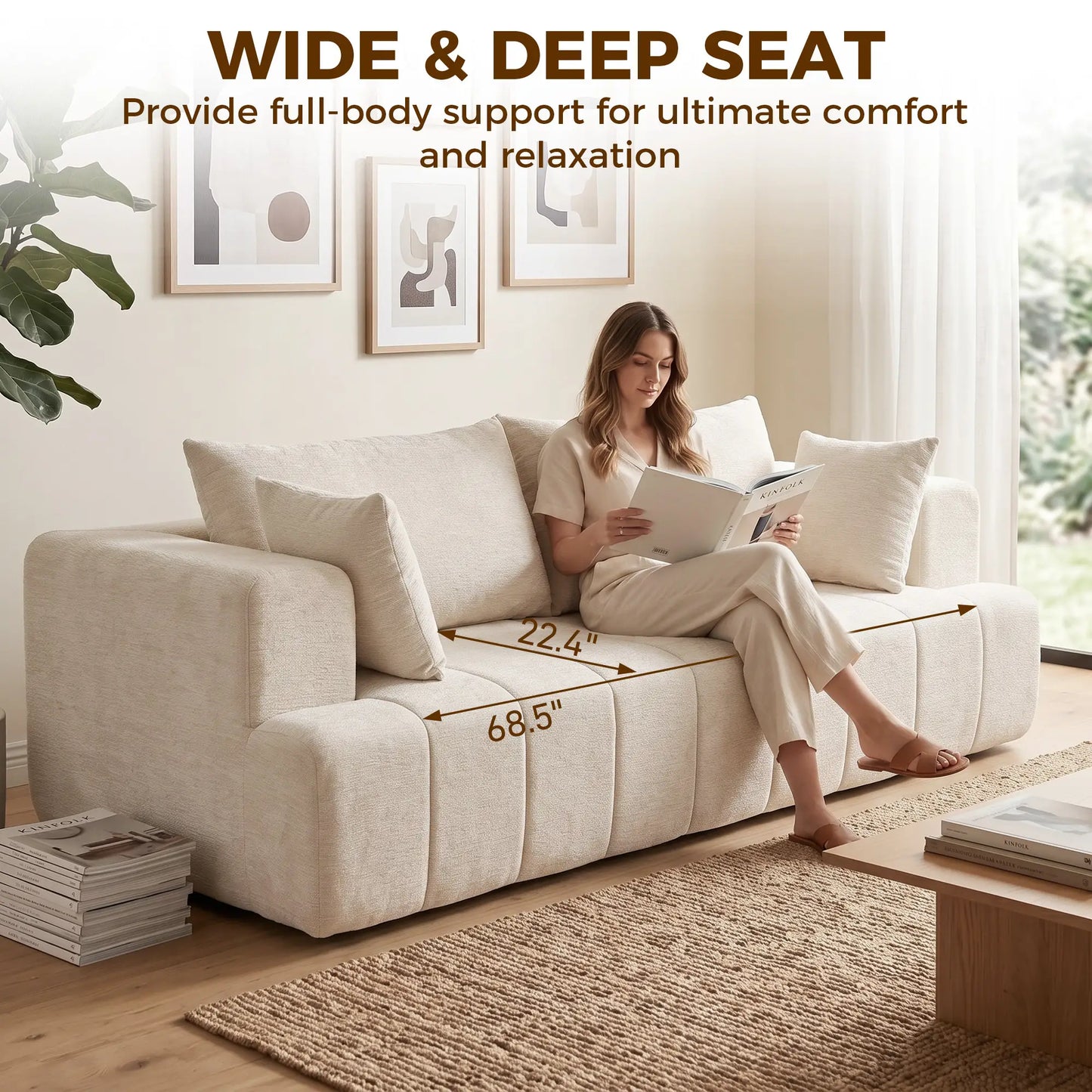 3 Seater Chenille Cloud Couch, Spring Cushion, Beige