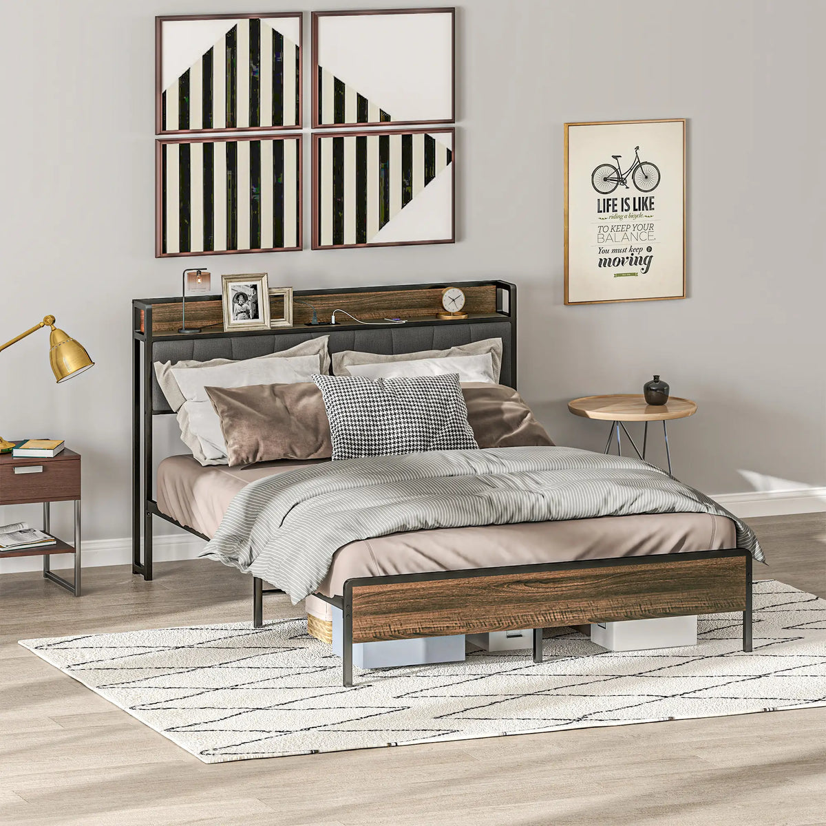 Full Size Bed Frame with Charging Station, Upholstered Headboard, Storage Shelf, Walnut Bed Frames at Gallery Canada