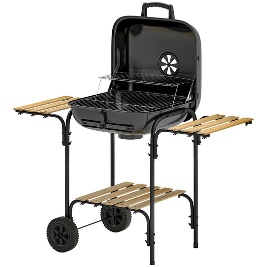 Charcoal BBQ Grill, 1840 cm² Cooking Area, 3 Shelves, Adjustable Vent, Black