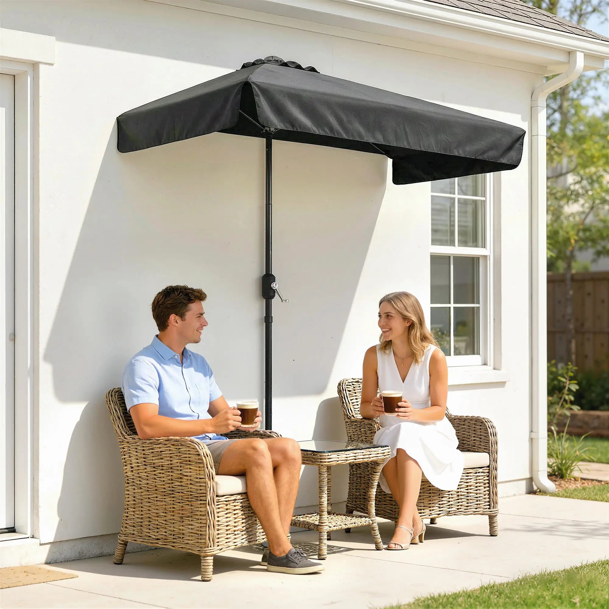7.5ft Half Umbrella, Semi Round Patio Parasol, Crank Handle, Top Vent, Black Half Round Umbrellas at Gallery Canada