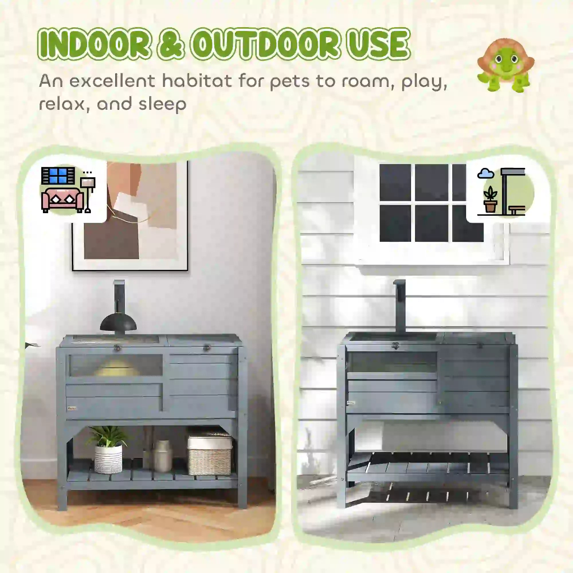 Wooden Tortoise House with Shelf, Light Frame, Tray, 33