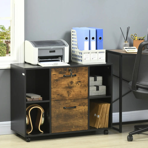 Lateral Filing Cabinet with Wheels, Lockable Drawer, Open Shelves, Rustic Brown