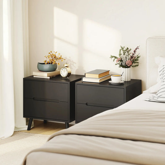 Modern Nightstands Set Of 2, 2 Drawers, Solid Wood Legs, Black Bedside Tables Black at Gallery Canada