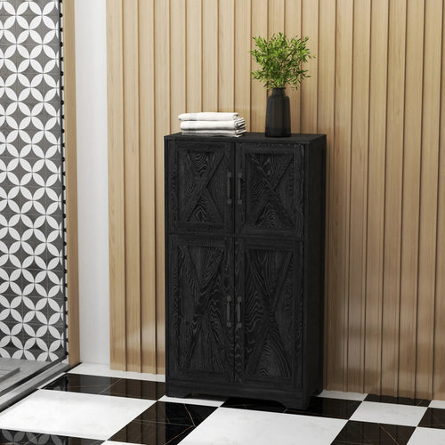 Farmhouse Kitchen Pantry, Freestanding Cabinet with Barn Doors, Adjustable Shelves, Black