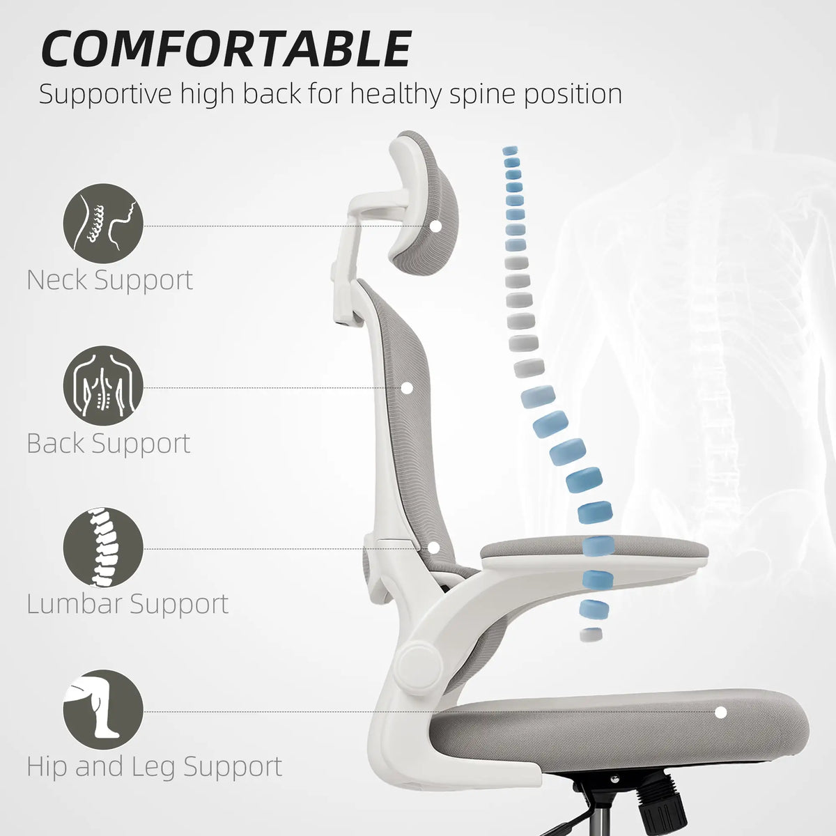 Ergonomic Mesh Office Chair, High Back, Rotatable Headrest, Flip-Up Armrests, Lumbar Support, Grey Task Chairs at Gallery Canada