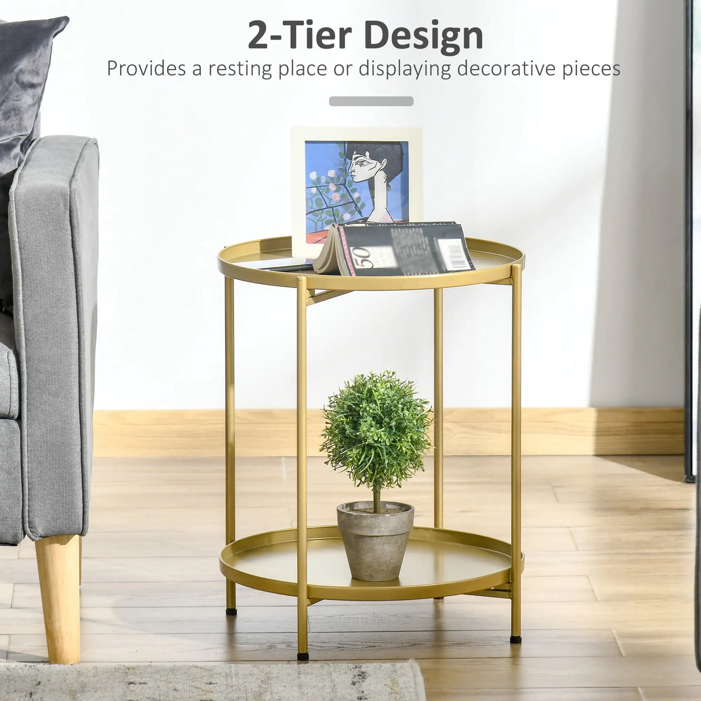 2-Tier Gold Side Table, Round Nightstand, Removable Trays, Folding Metal Frame, Gold Side Tables at Gallery Canada