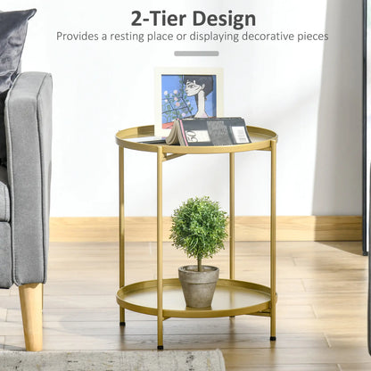 2-Tier Gold Side Table, Round Nightstand, Removable Trays, Folding Metal Frame, Gold Side Tables at Gallery Canada