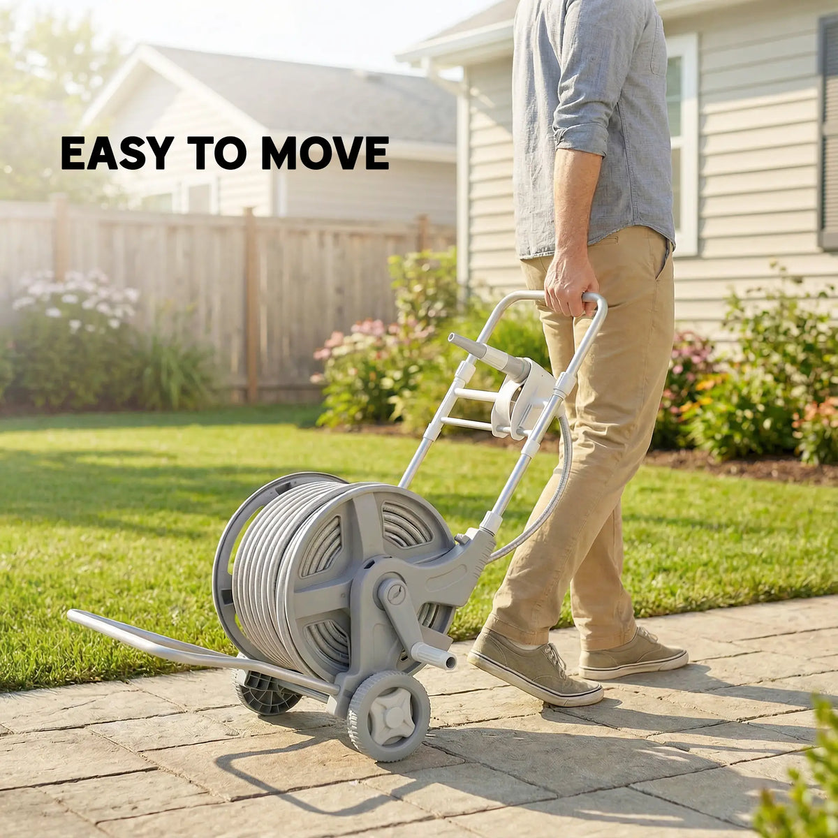 Garden Hose Reel Cart With Wheels, 1/2" x 148ft, Grey