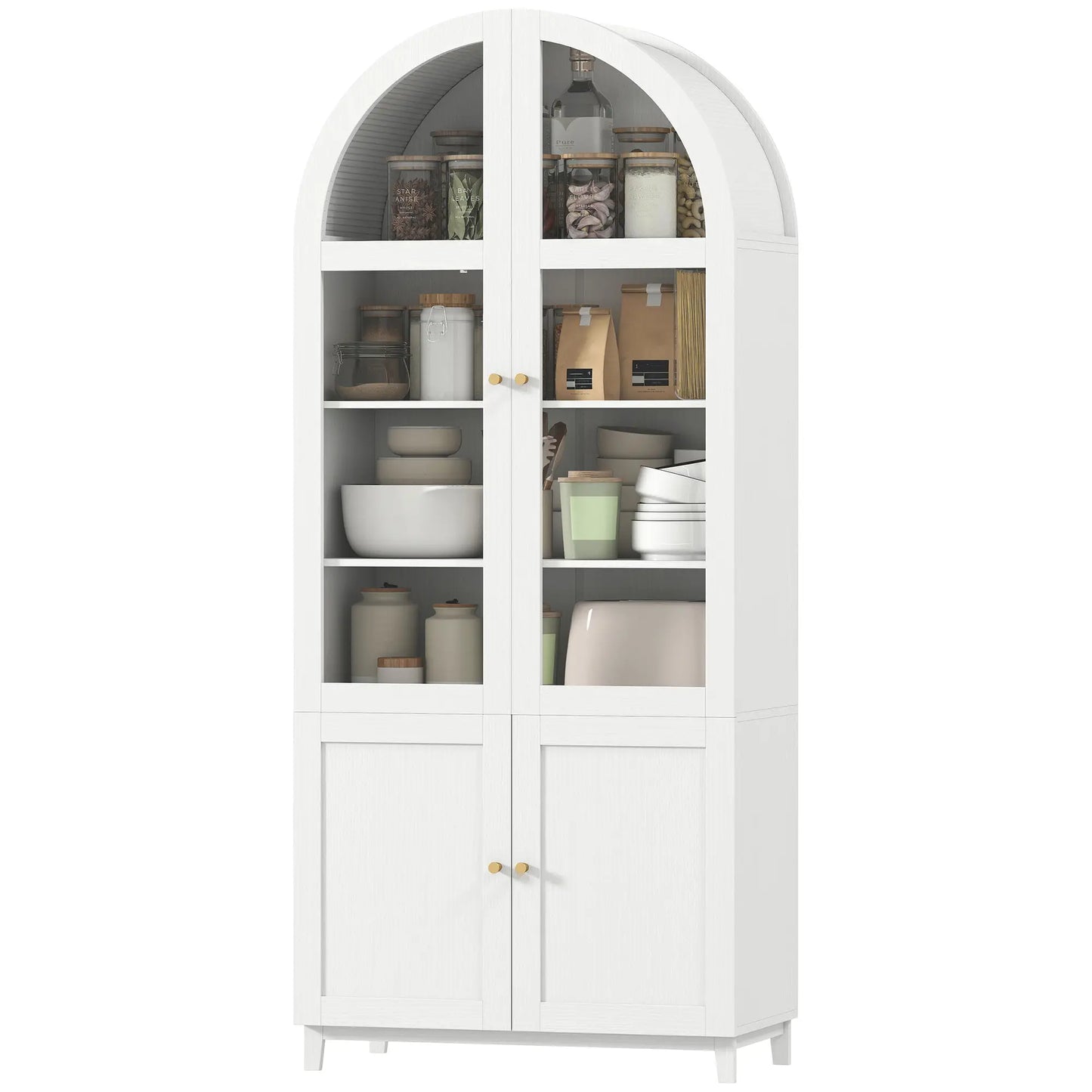 Arched Pantry Cabinet, 71" Tall, Acrylic Glass Doors, White Kitchen Pantry Cabinets White at Gallery Canada