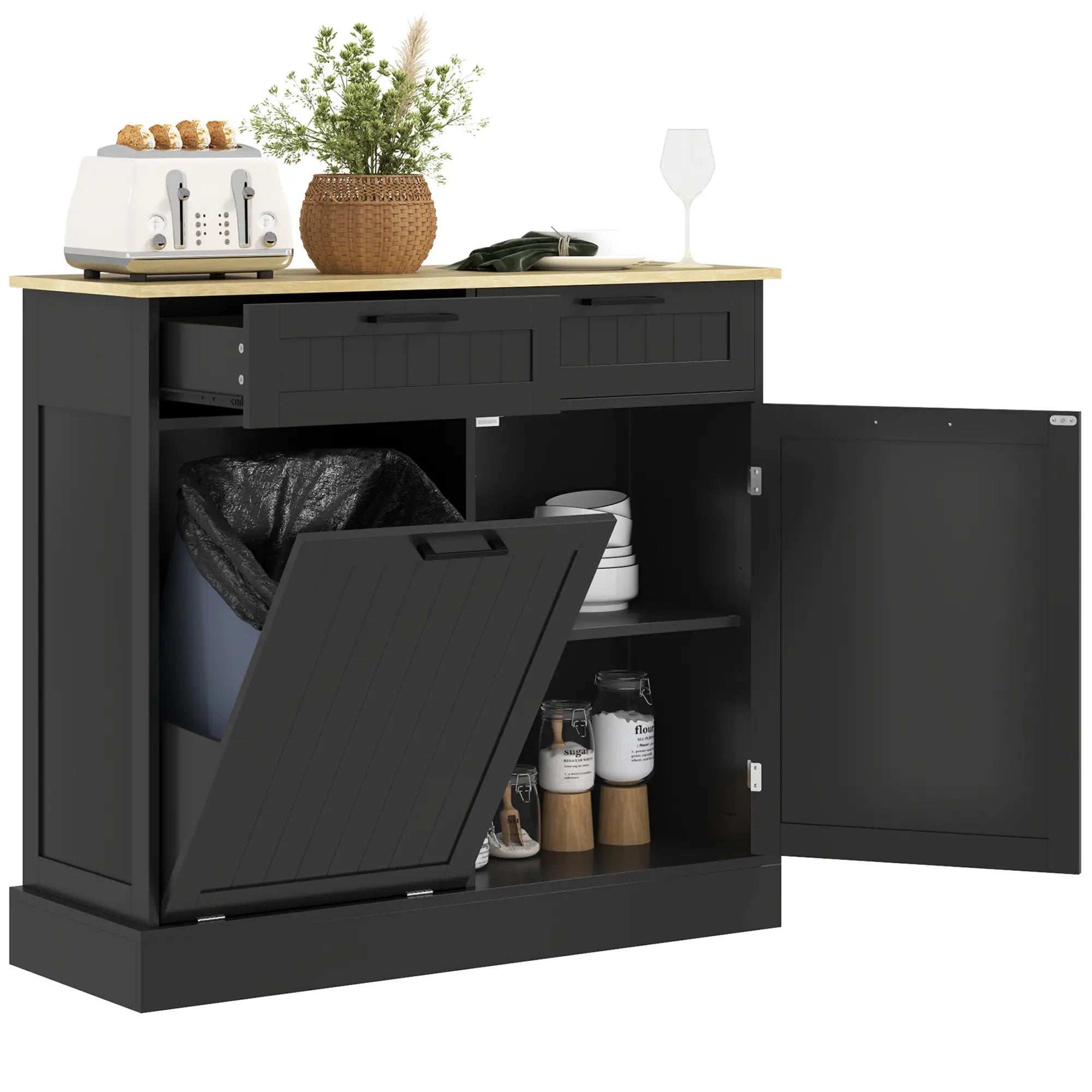 Hidden Garbage Bin Cabinet, Tilt Out Trash, 2 Drawers, Freestanding, Black Bar Cabinets Black, Oak at Gallery Canada