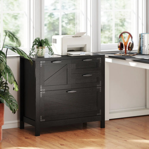 Lateral Filing Cabinet, 4 Drawers, Fits Letter/A4/Legal Files, Black Wood Grain, Black