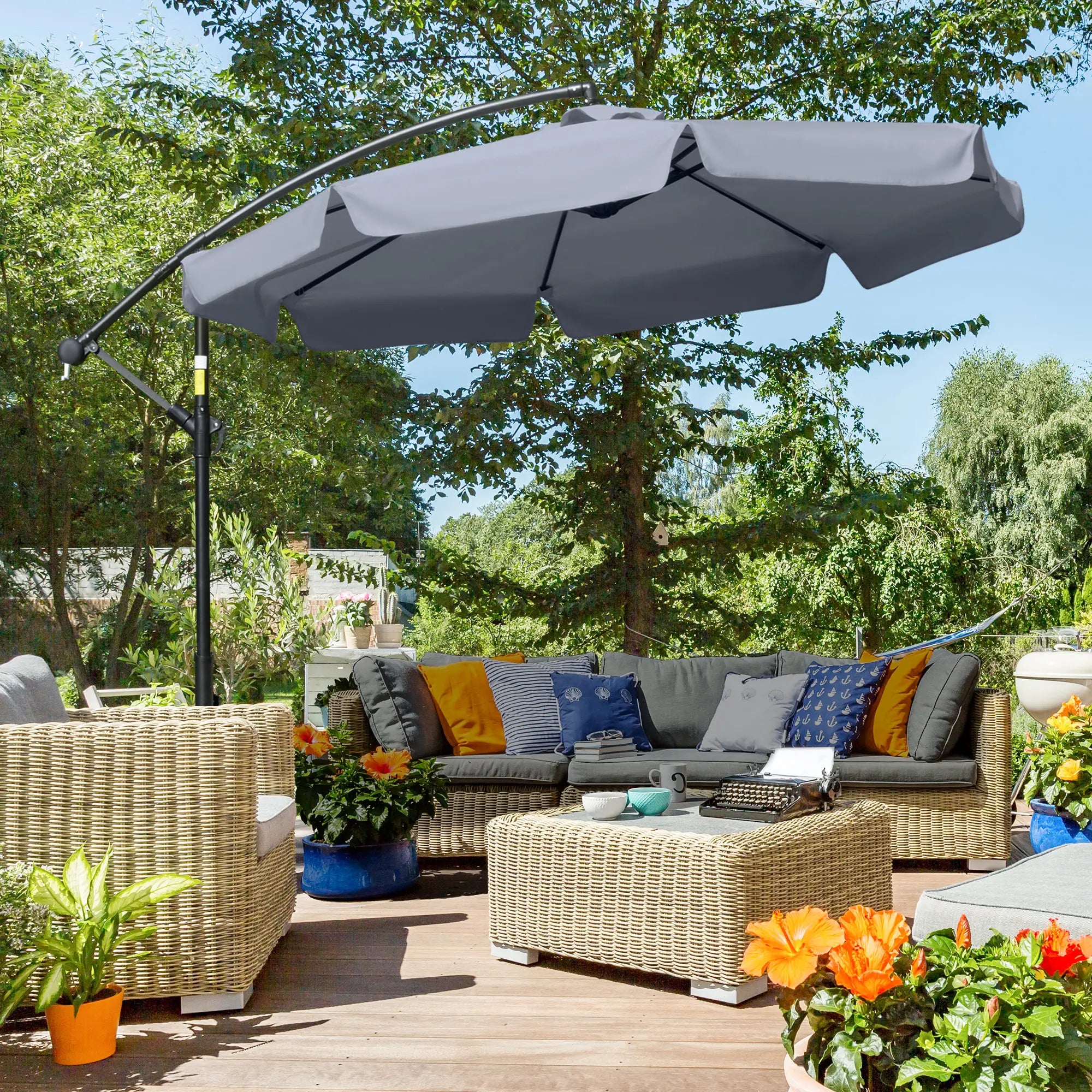 9FT Offset Hanging Patio Umbrella, Easy Tilt, Cross Base, 8 Ribs, Dark Grey Cantilever Umbrellas at Gallery Canada