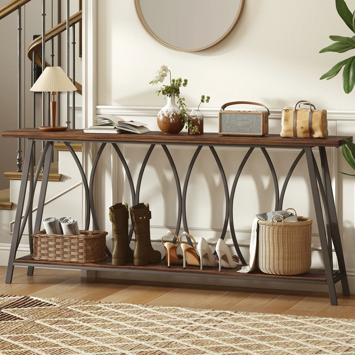 71" Console Table, Industrial 2-Tier Narrow Entryway Table, Rustic Brown, Brown Console Tables at Gallery Canada