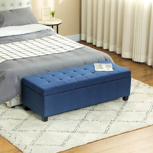 Rectangular Entry Bench, Tufted Upholstered Linen, Wood Feet, Blue Storage Ottomans & Benches Blue at Gallery Canada