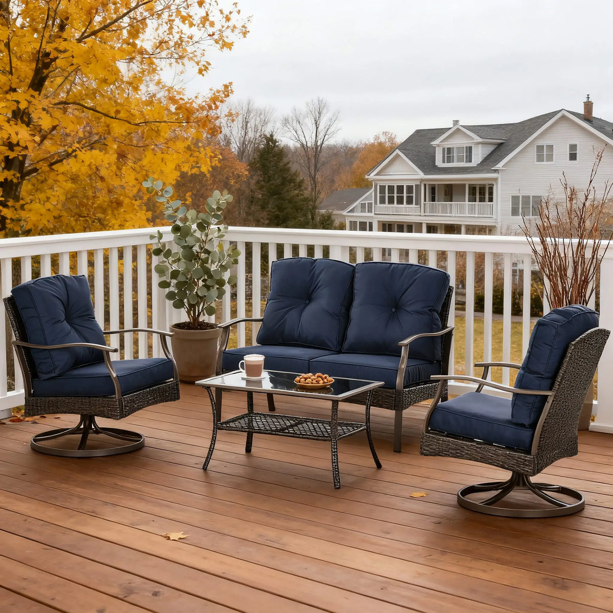 4 Pcs PE Rattan Wicker Sofa Set, Outdoor Conversation Furniture, Navy Blue Patio Furniture Sets at Gallery Canada
