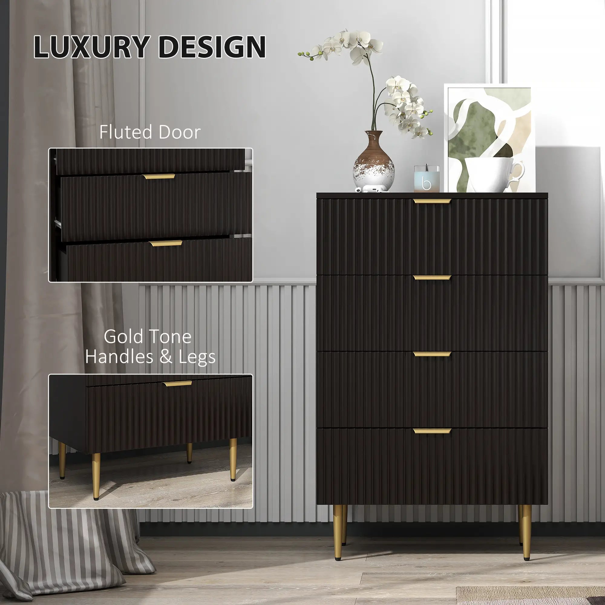 Modern 4 Drawer Dresser, Black with Gold Legs, Bedroom Chest, Black, Gold Storage Cabinets at Gallery Canada