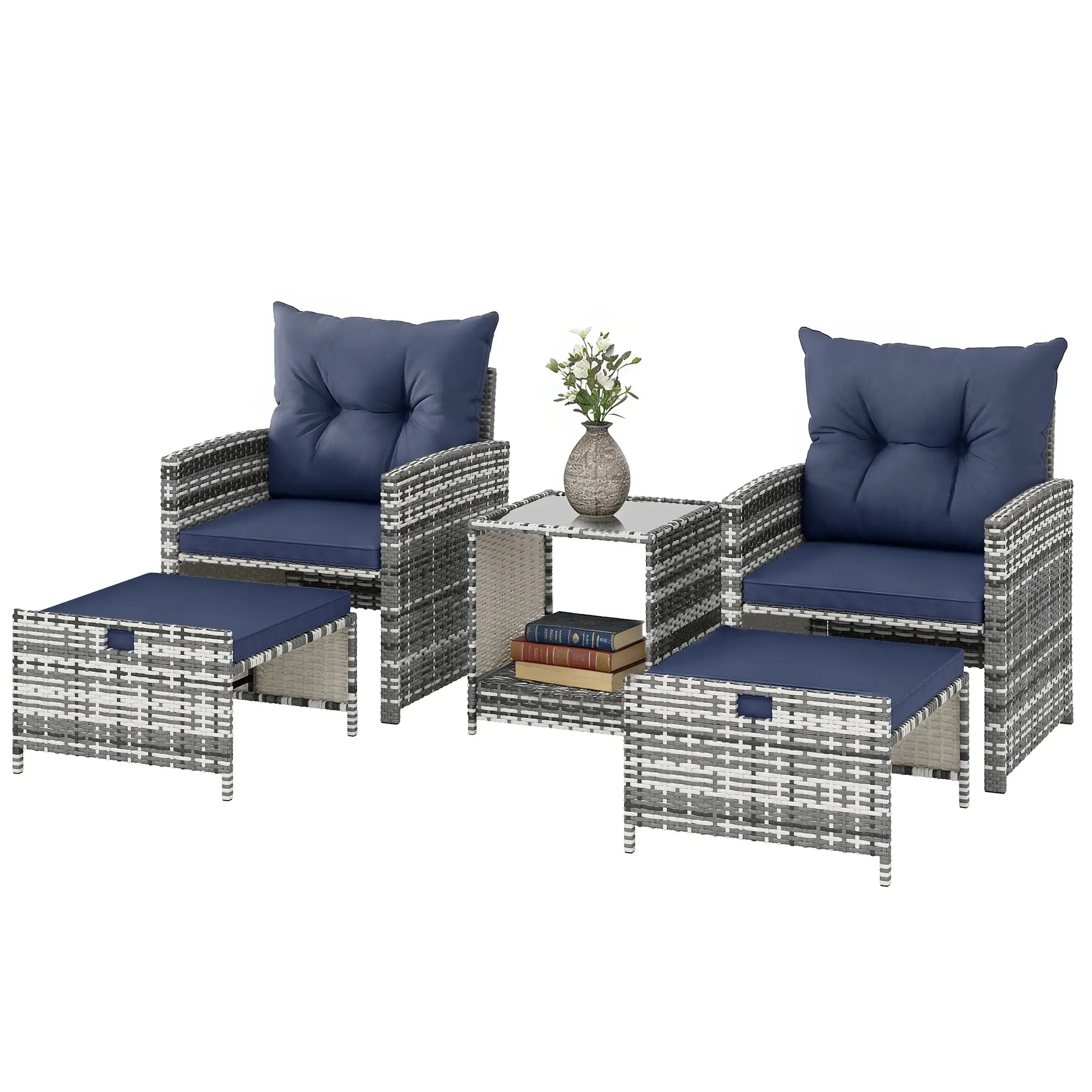 5 Piece Patio Furniture Set, Wicker Chairs With Ottomans, 2-Tier Glass Coffee Table, Grey/Dark Blue Patio Furniture Sets Mixed Grey, Dark Blue, Black at Gallery Canada