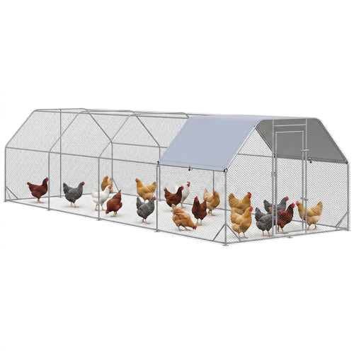 Large Metal Chicken Coop, Walk-In Enclosure, 9.2' x 24.9' x 6.5', Silver