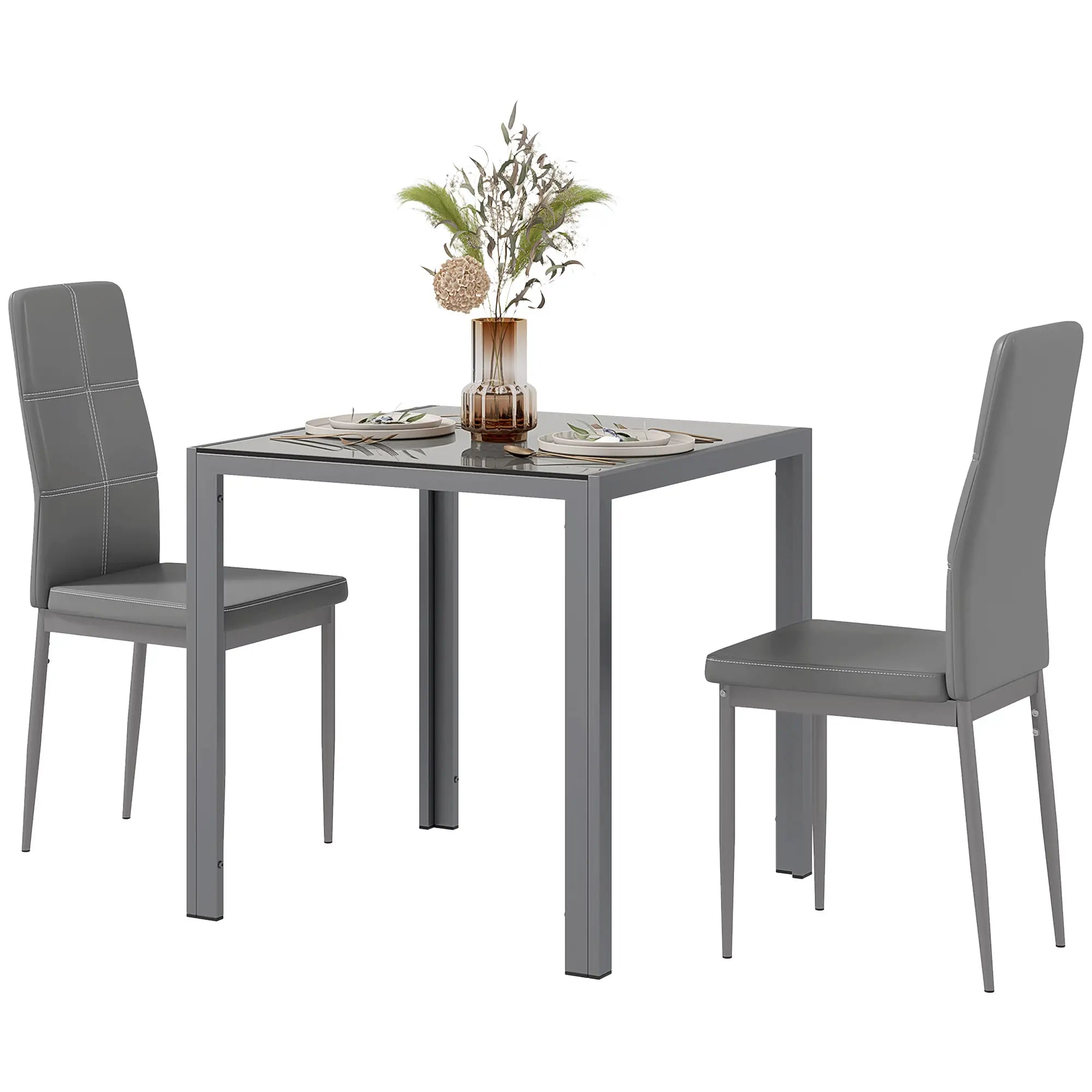 3-Piece Rectangular Glass Dining Table, Metal Frame, Faux Leather Chairs, Grey Bar Sets Grey at Gallery Canada