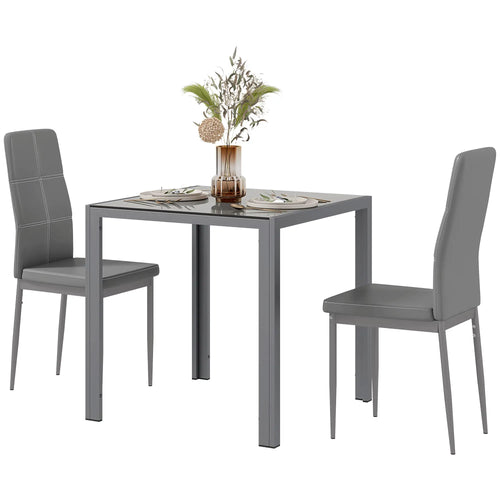 3-Piece Rectangular Glass Dining Table, Metal Frame, Faux Leather Chairs, Grey