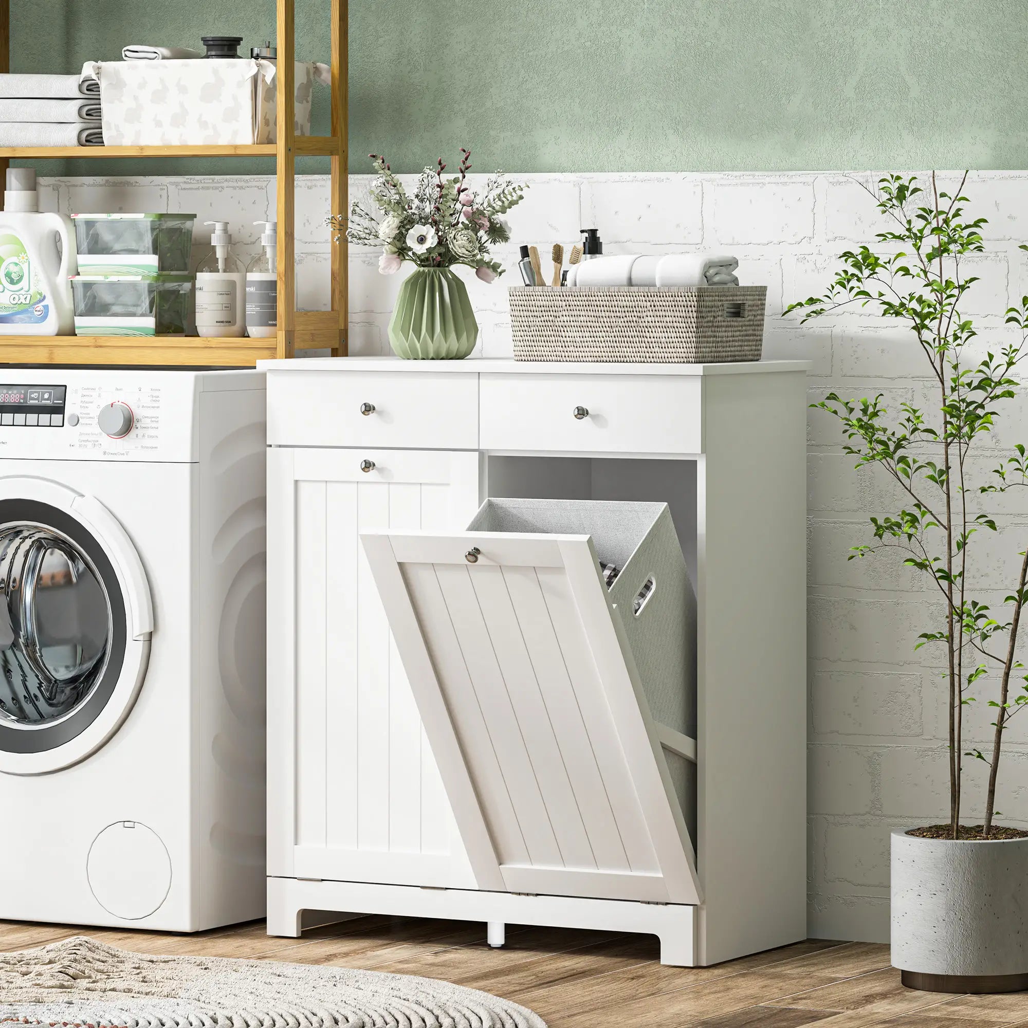 Laundry Cabinet, Tilt Out Hamper with 2 Baskets, 2 Drawers, White Bathroom Cabinets at Gallery Canada