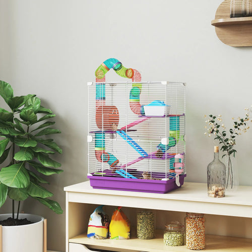 5-Tier Hamster Cage, With Wheels, Tube, Bottle, Dishes, Purple