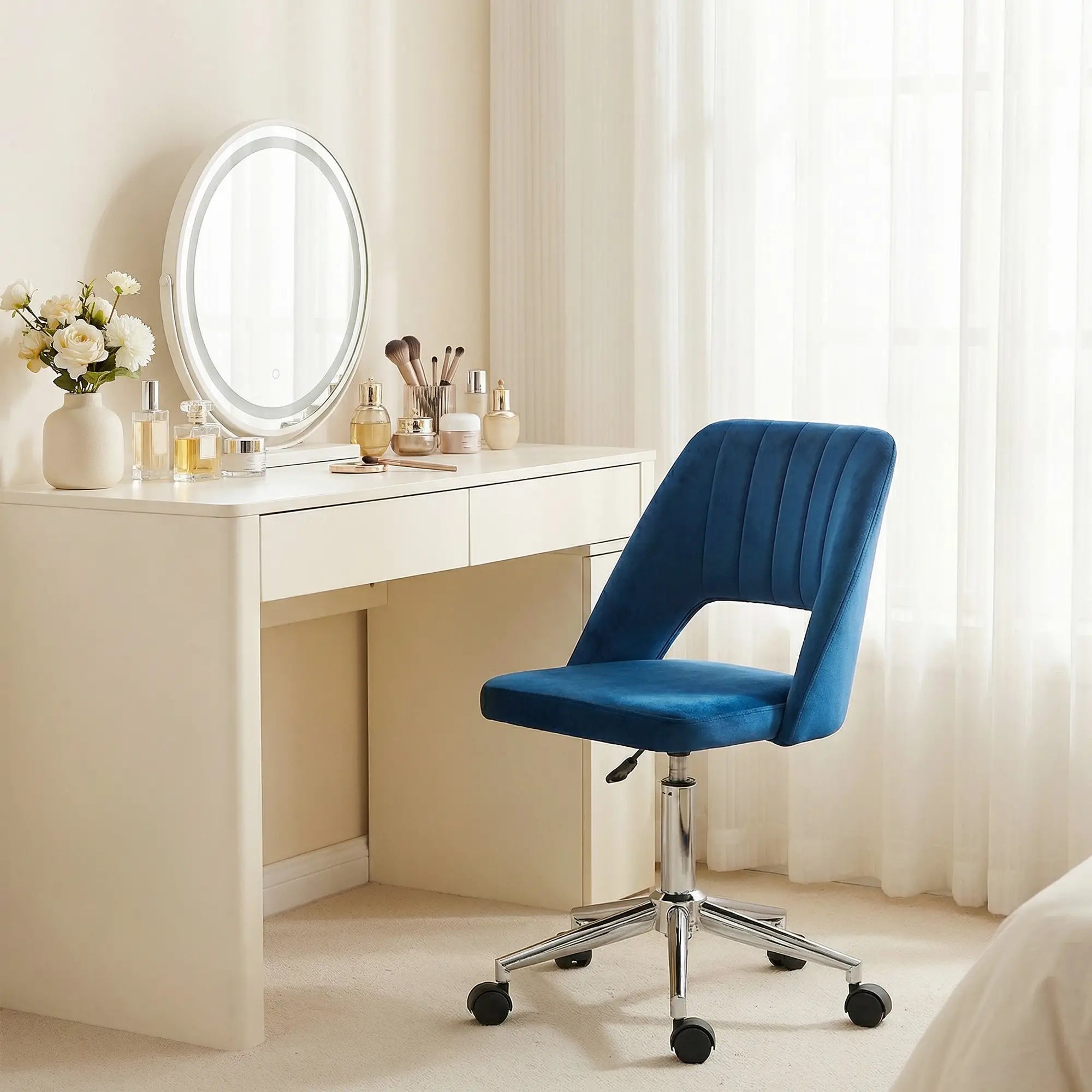 Mid Back Office Chair, Velvet Fabric, Swivel, Scallop Shape, Blue Task Chairs at Gallery Canada