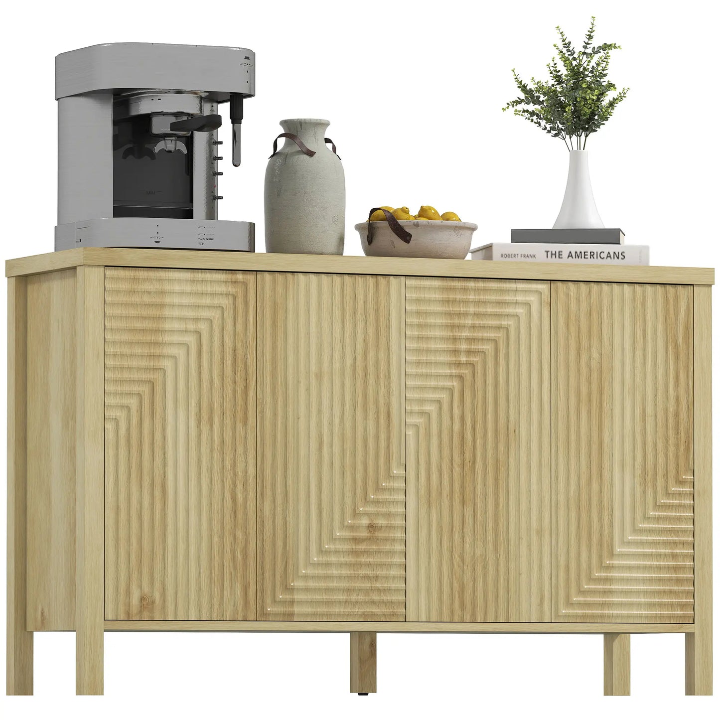 47 Inch Buffet Cabinet, Fluted Sideboard, Push Open, 2 Shelves, 4 Doors, Natural Bar Cabinets at Gallery Canada