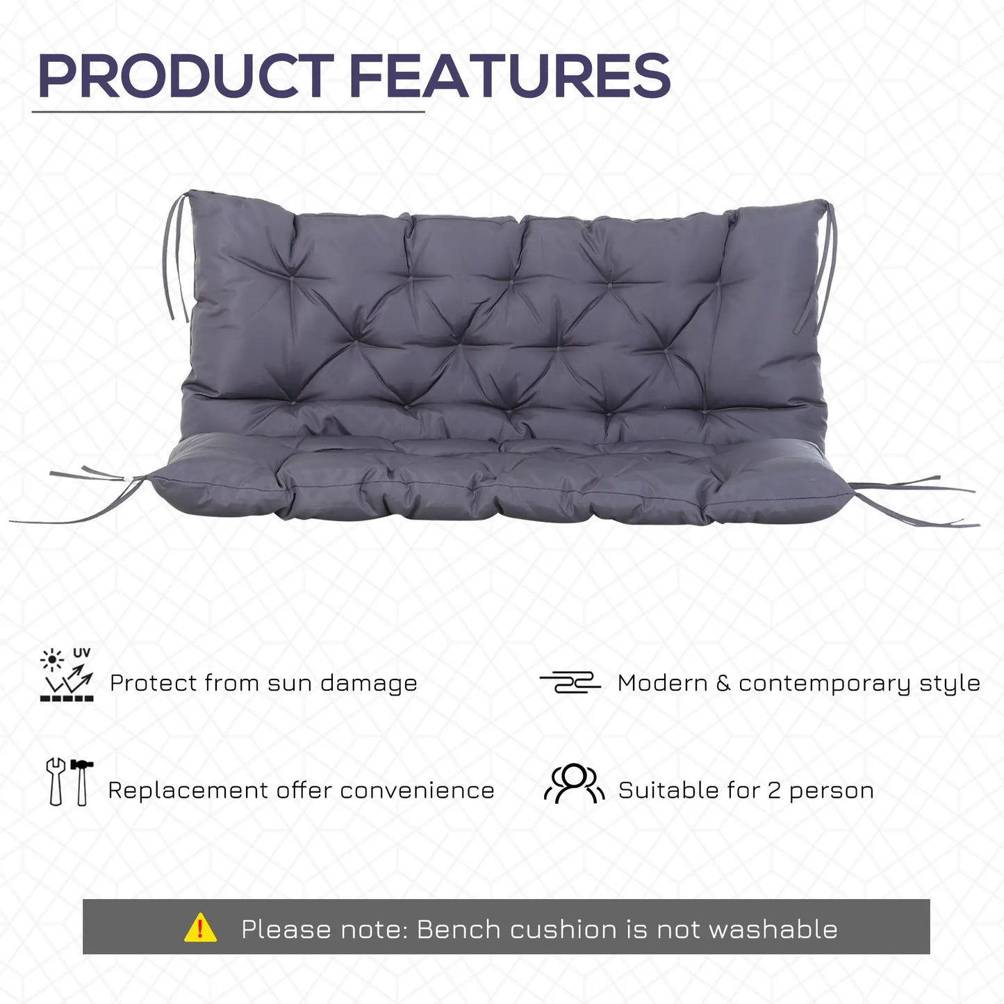 2 Seater Garden Bench Cushion, Thick Outdoor Non-Slip, 52" x 43" x 4", Dark Grey Patio Chair Cushions at Gallery Canada