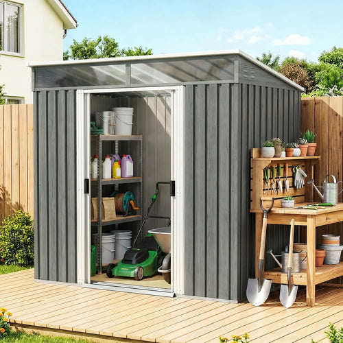 6.5x4FT Galvanised Metal Shed, Lockable Garden Storage with Sliding Doors, Grey