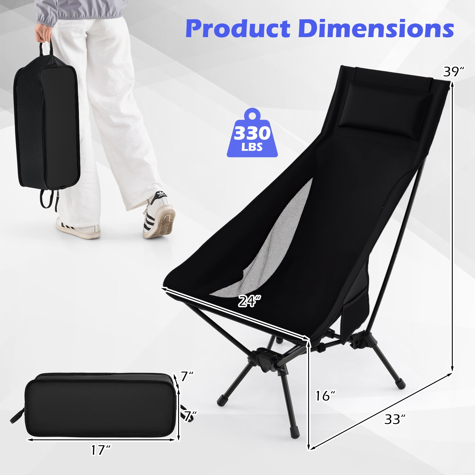 High Back Portable Camping Chair With Carry Bag, Pillow, Black Camping Furniture at Gallery Canada