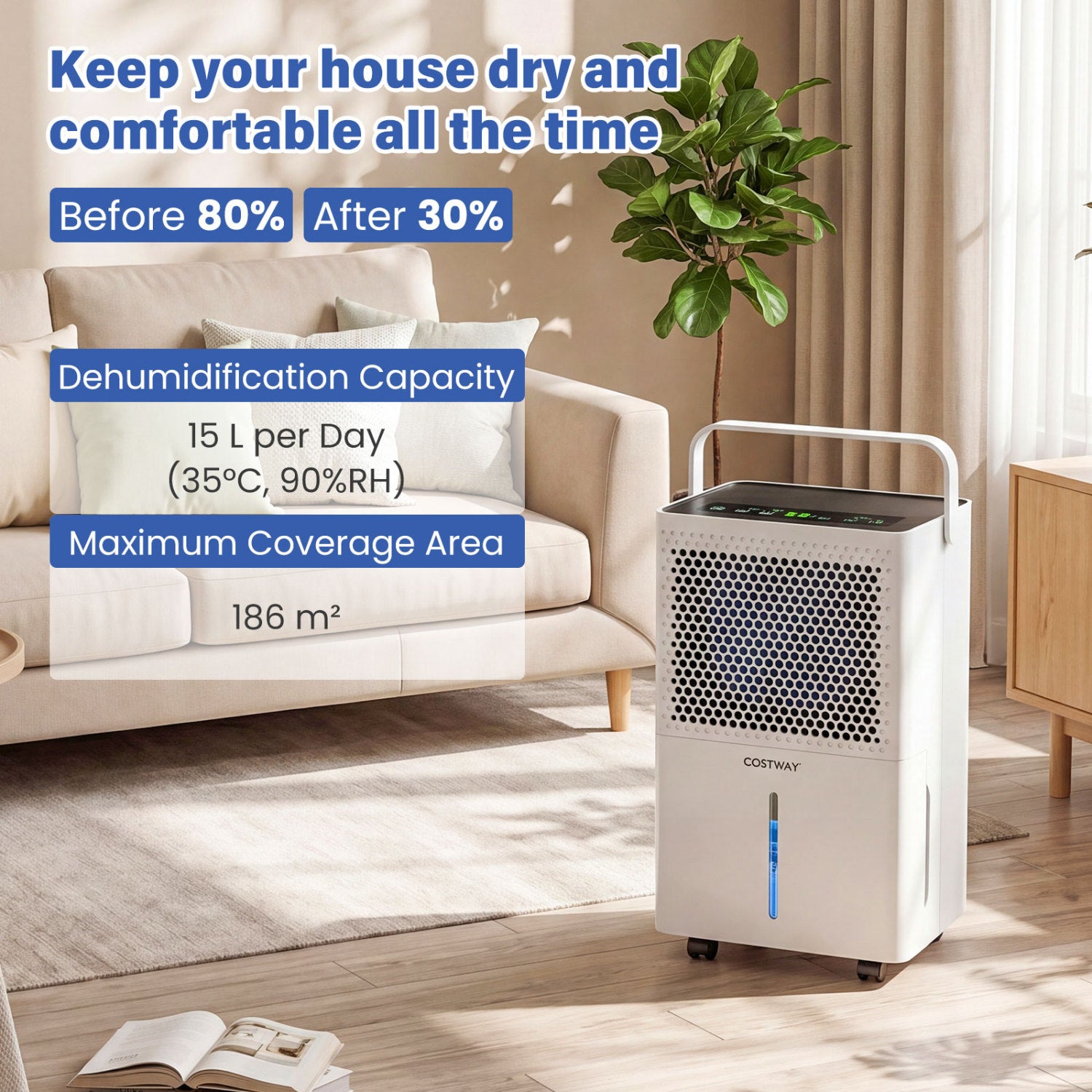 32 Pint Compressor Dehumidifier, 2000 Sq Ft, With Drain Hose, White Dehumidifiers at Gallery Canada