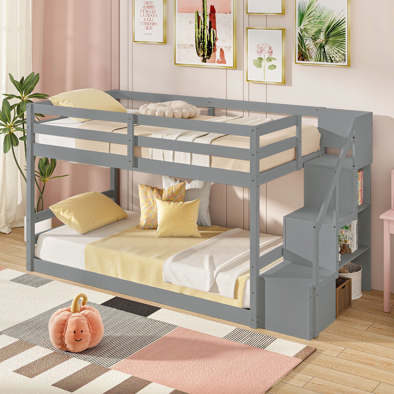 Twin Over Twin Low Bunk Bed With Storage Stairs, Solid Wood Frame, Gray Bunk Bed Frame at Gallery Canada