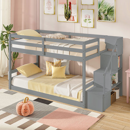 Twin Over Twin Low Bunk Bed With Storage Stairs, Solid Wood Frame, Gray Bunk Bed Frame at Gallery Canada