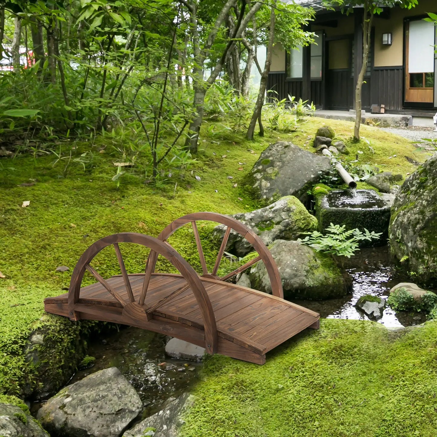 3.3ft Wooden Garden Bridge, Arc Stained Finish, Half Wheeled Railings Garden Bridges at Gallery Canada