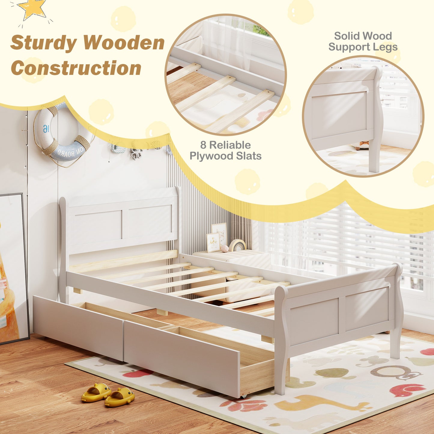 Twin Size Sleigh Bed, 2 Storage Drawers, Wood Platform Frame, White Simple Bed Frame at Gallery Canada