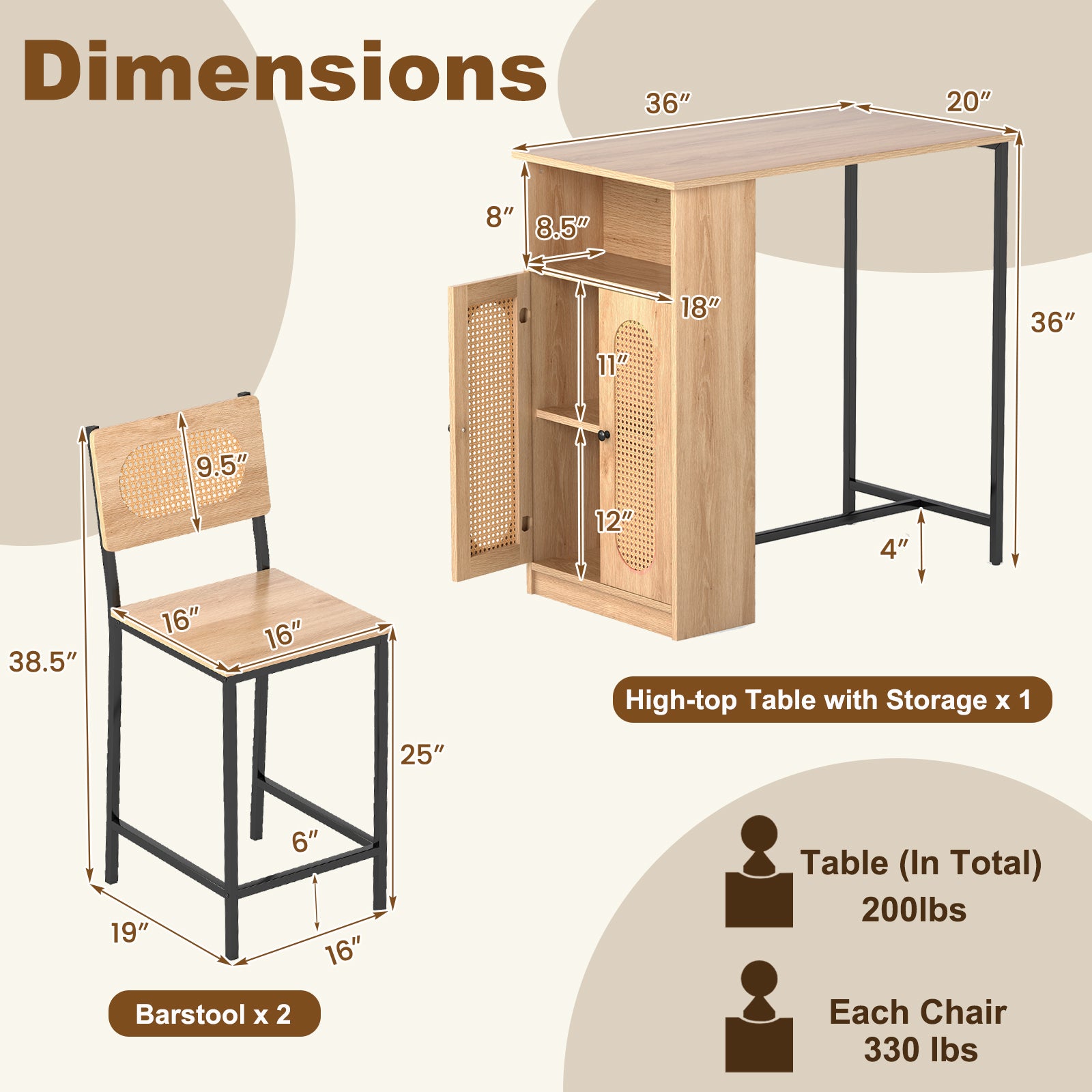 3-Piece Bar Table And Chairs Set, Natural Dining Room Sets at Gallery Canada