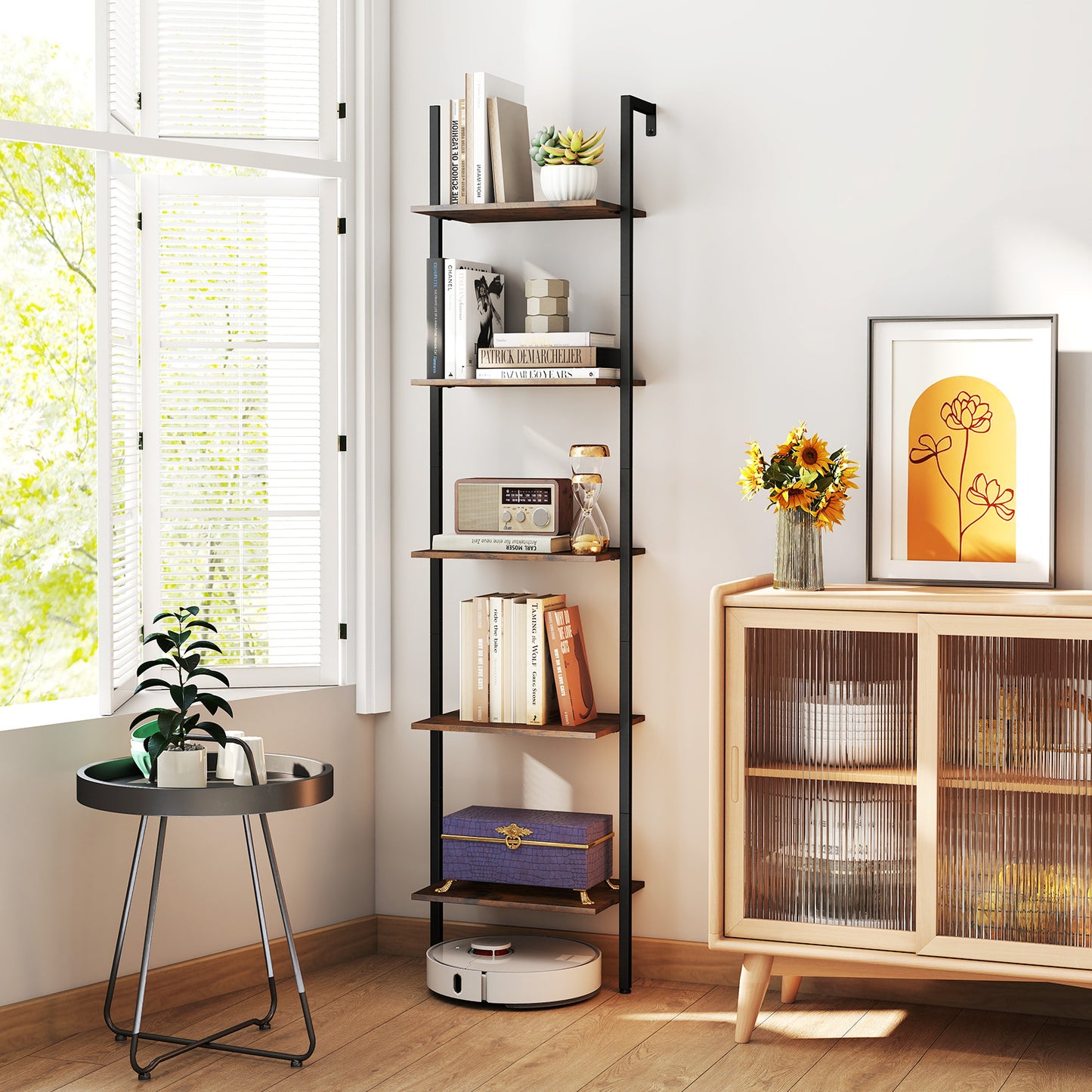 5 Tier Wall Mount Ladder Shelf, Anti-Tipping Kits, Rustic Brown Bookcases at Gallery Canada