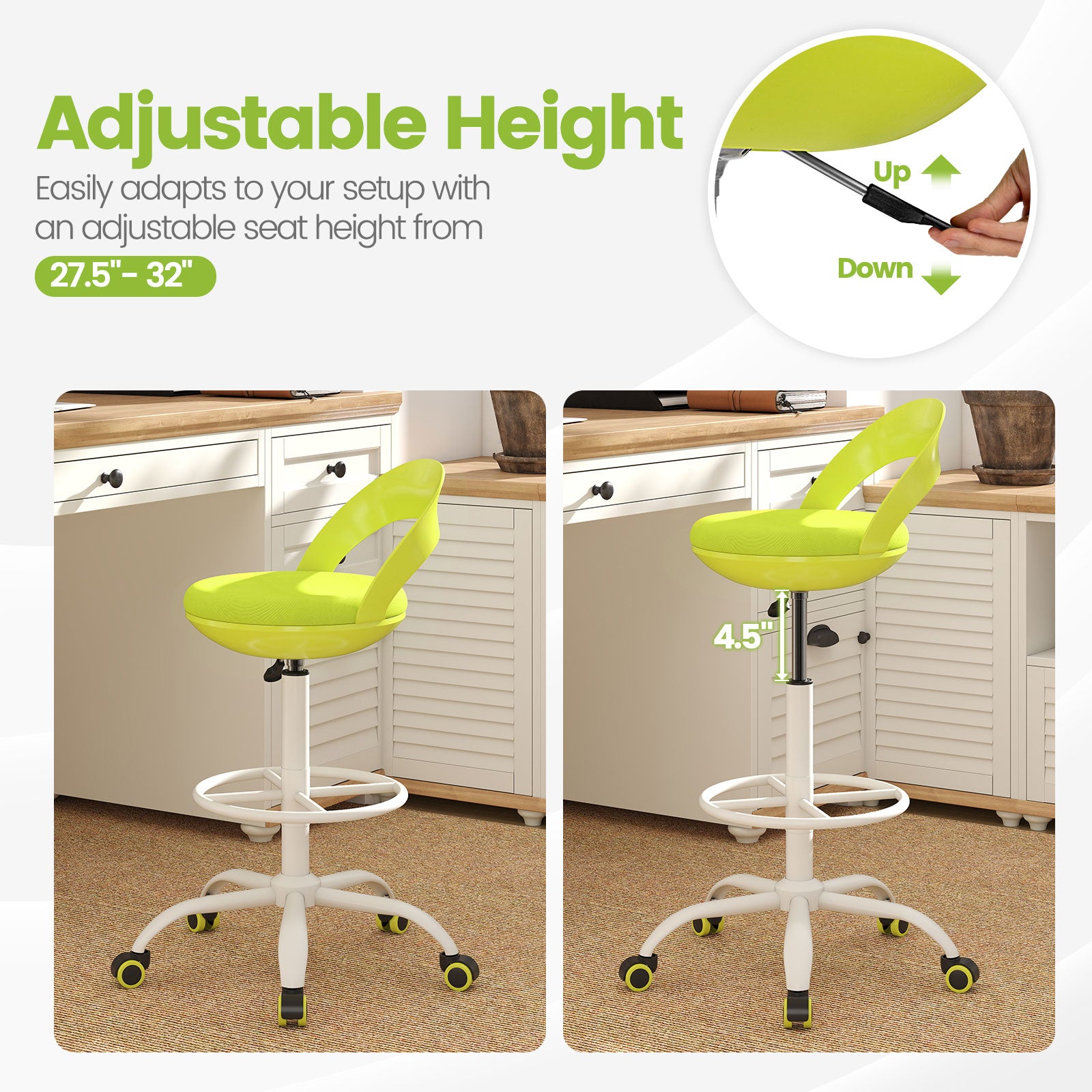 Rolling Tall Drafting Stool With Wheels, Green Armless Chairs at Gallery Canada