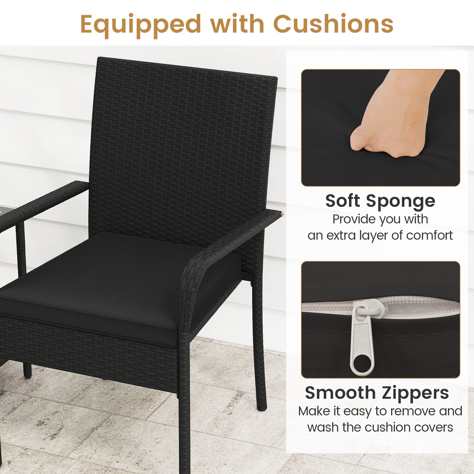 3 Piece Patio Set With Seat Cushions, Tempered Glass Tabletop, Black Patio Conversation Sets at Gallery Canada