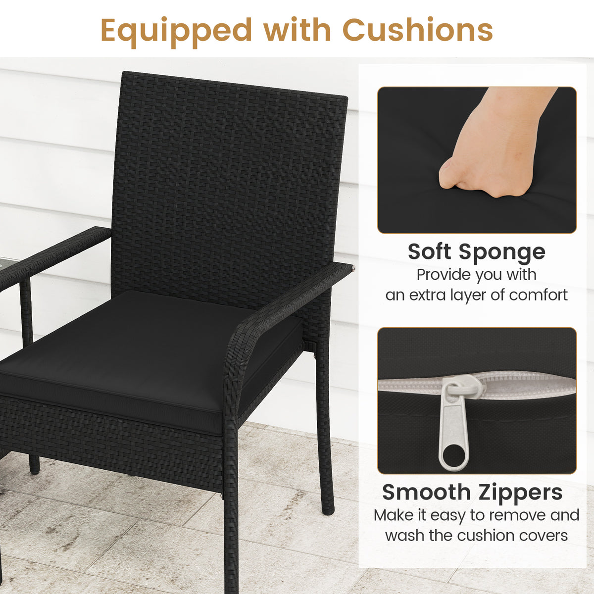 3 Piece Patio Set With Seat Cushions, Tempered Glass Tabletop, Black Patio Conversation Sets at Gallery Canada