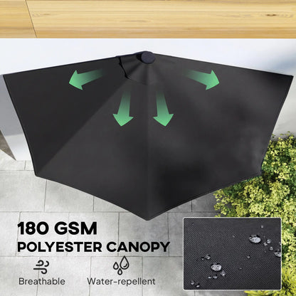 Half Outdoor Patio Umbrella, Solar LED Lights, Crank, 105.1" x 53.5", Black Half Round Umbrellas at Gallery Canada