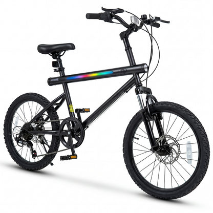 20 Inch Mountain Bike, LED Lights, 6-Speed Shimano, Black Kids Bike Black at Gallery Canada