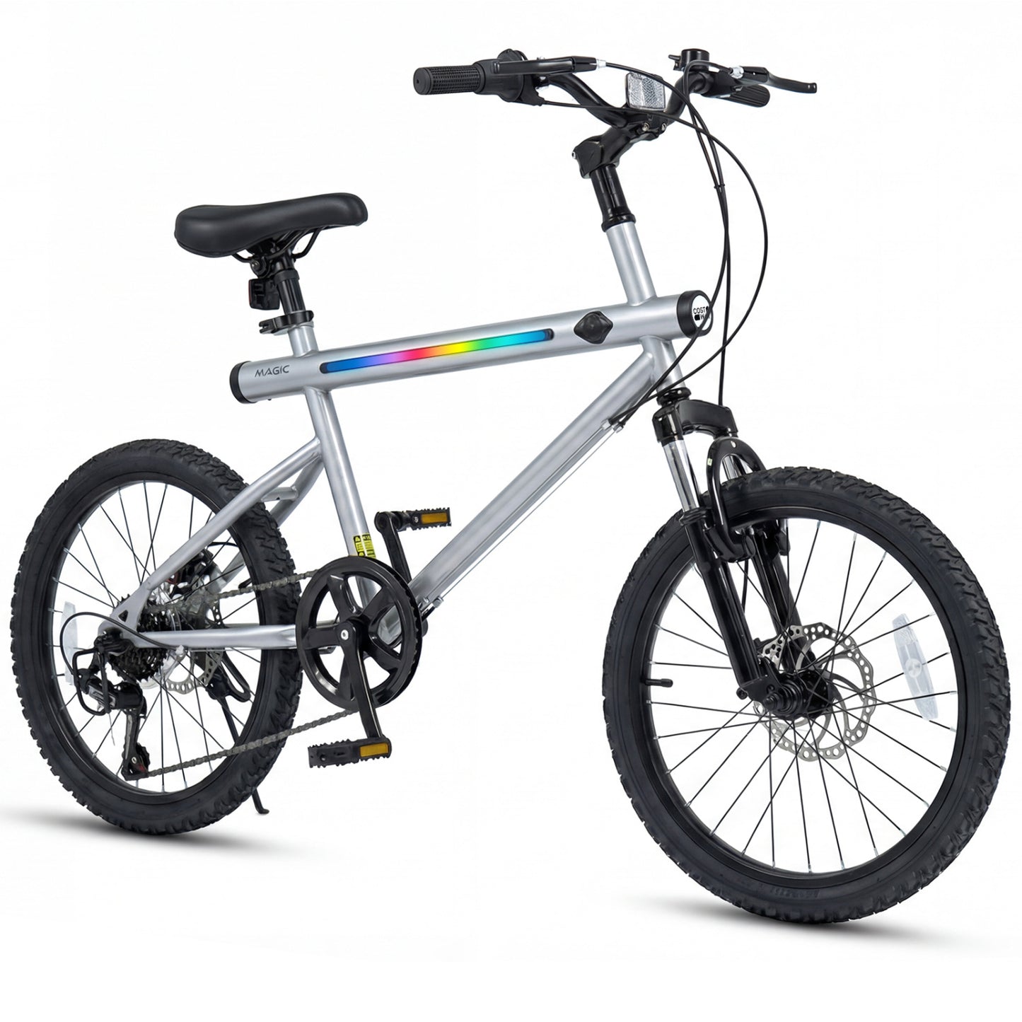 20 Inch Mountain Bike, LED Lights, 6-Speed Shimano, Silver Kids Bike Silver at Gallery Canada