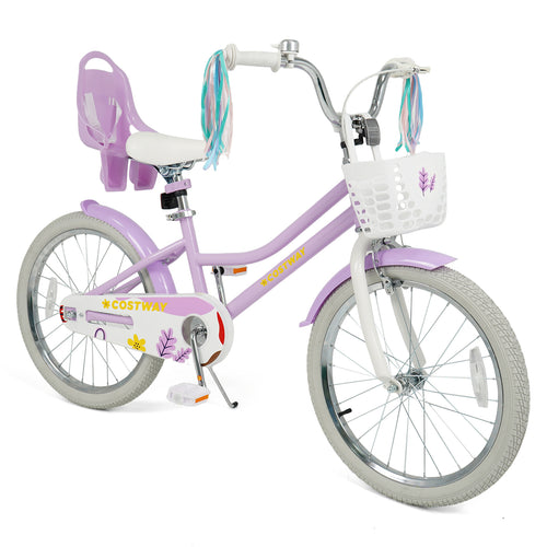 20 Inch Girls Bike Kids Bicycle with Doll Seat and Streamers for 8+ Years Old, Purple