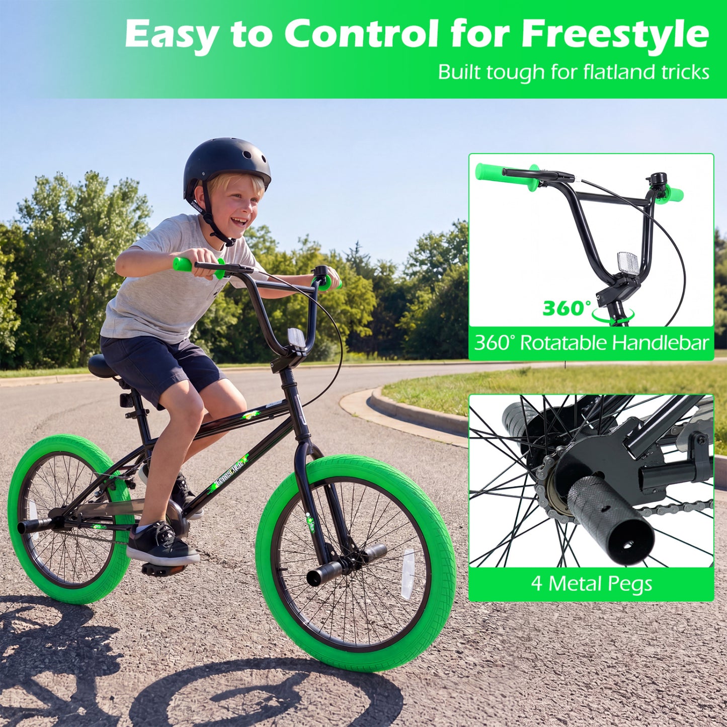20" Kids Trick Bike, 360 Steering, Adjustable Seat, Green Kids Bike at Gallery Canada