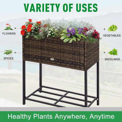 Rattan Raised Garden Box, Elevated Flower Bed with Shelf, Brown Plant Stands at Gallery Canada