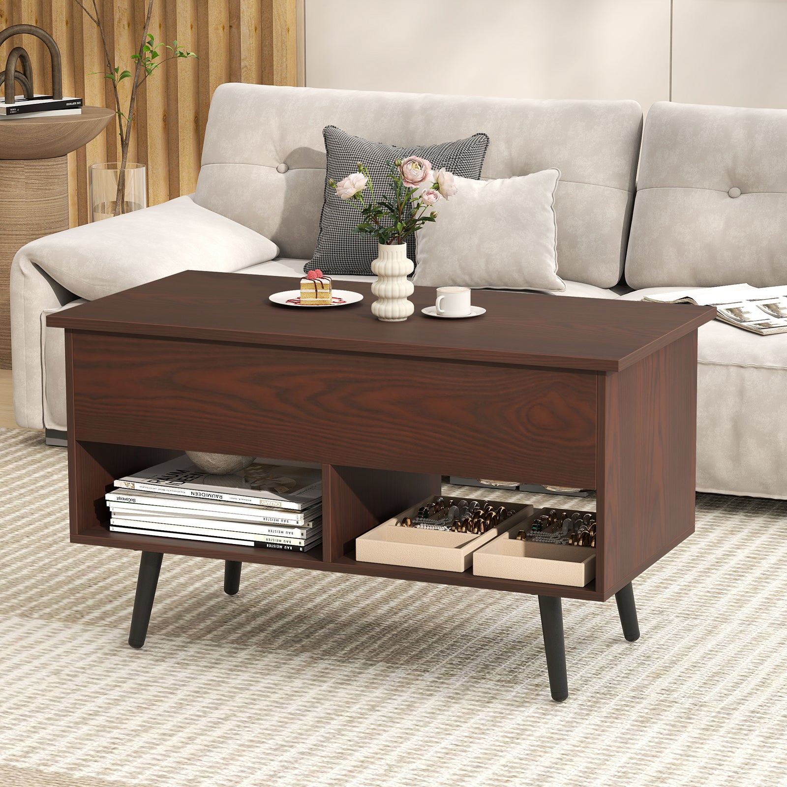 31.5 Inch Lift-Top Coffee Table, Hidden Storage, 2 Open Shelves, Brown Living Room at Gallery Canada